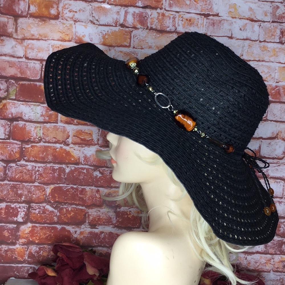 Strand Headware Black Oversized Amber Accented Floppy Beach Hat - Picture 5 of 9